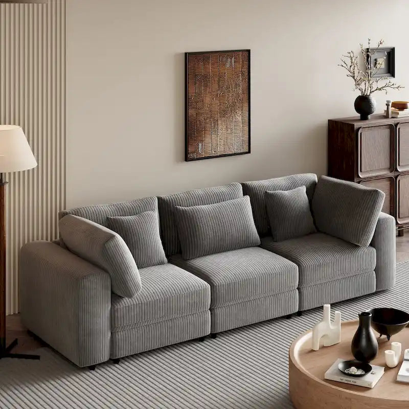 Élégant canapé 3 places en velours côtelé avec 5 oreillers