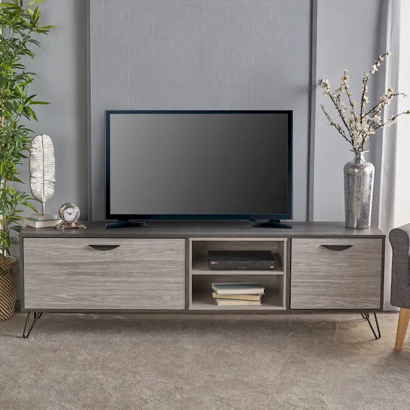 Meuble TV gris 71,1 cm avec armoire dépliante, armoire normale et 2 étagères pour téléviseurs jusqu'à 79 po