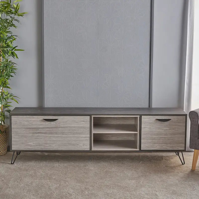 Meuble TV gris 71,1 cm avec armoire dépliante, armoire normale et 2 étagères pour téléviseurs jusqu'à 79 po
