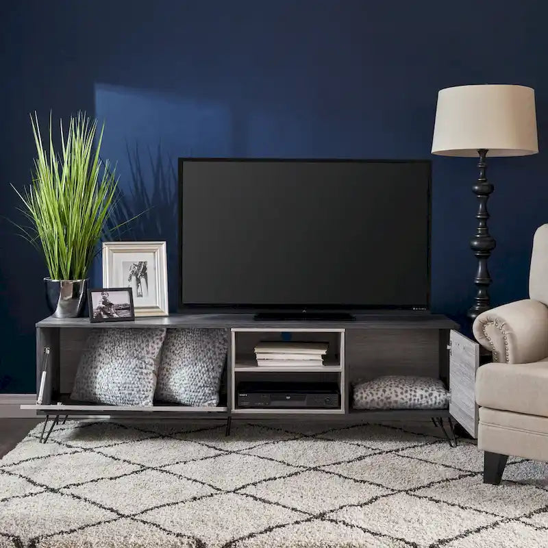 Meuble TV gris 71,1 cm avec armoire dépliante, armoire normale et 2 étagères pour téléviseurs jusqu'à 79 po