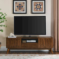 Meuble TV cannelé pour téléviseur de 65 pouces, Centre de divertissement avec rangement, Console média en bois, Table d'appoint, 2 portes, 1 tiroir, Pieds en bois
