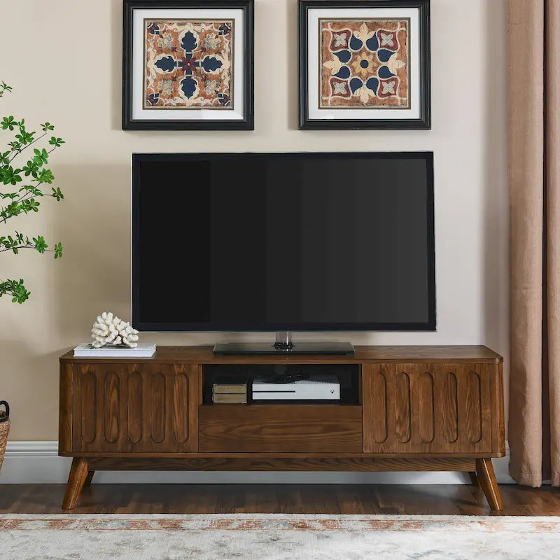 Meuble TV cannelé pour téléviseur de 65 pouces, Centre de divertissement avec rangement, Console média en bois, Table d'appoint, 2 portes, 1 tiroir, Pieds en bois
