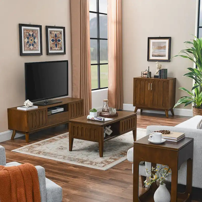 Meuble TV cannelé pour téléviseur de 65 pouces, Centre de divertissement avec rangement, Console média en bois, Table d'appoint, 2 portes, 1 tiroir, Pieds en bois