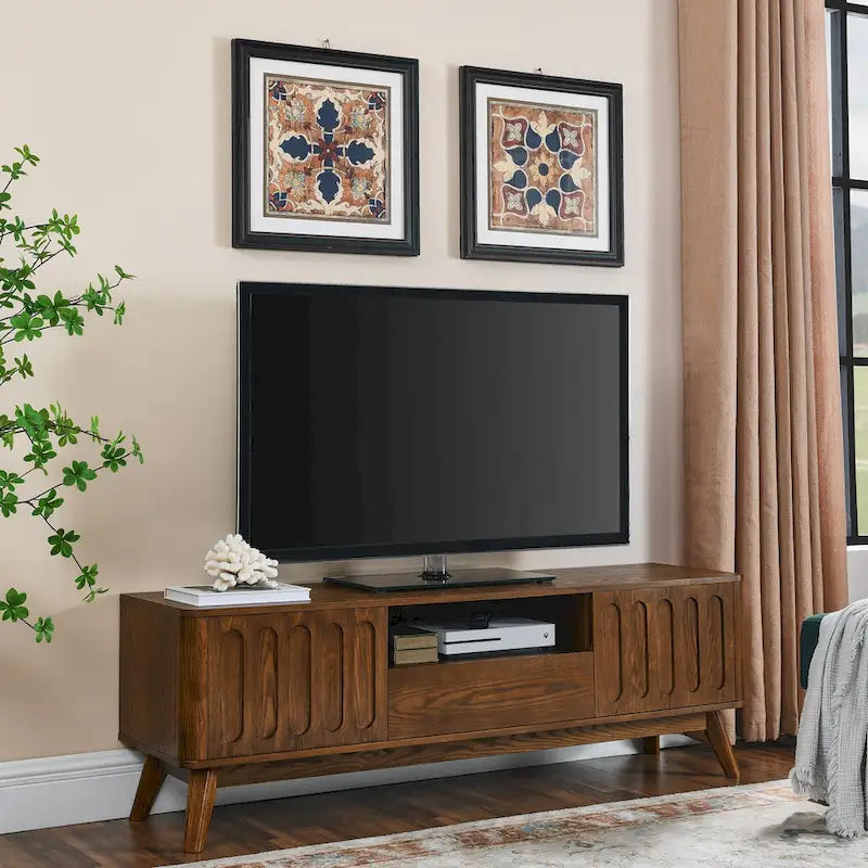Meuble TV cannelé pour téléviseur de 65 pouces, Centre de divertissement avec rangement, Console média en bois, Table d'appoint, 2 portes, 1 tiroir, Pieds en bois