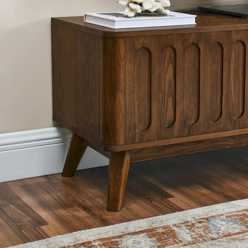Meuble TV cannelé pour téléviseur de 65 pouces, Centre de divertissement avec rangement, Console média en bois, Table d'appoint, 2 portes, 1 tiroir, Pieds en bois