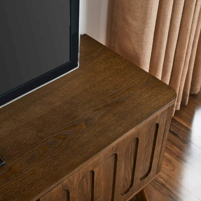 Meuble TV cannelé pour téléviseur de 65 pouces, Centre de divertissement avec rangement, Console média en bois, Table d'appoint, 2 portes, 1 tiroir, Pieds en bois