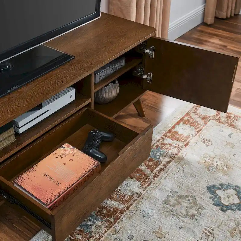 Meuble TV cannelé pour téléviseur de 65 pouces, Centre de divertissement avec rangement, Console média en bois, Table d'appoint, 2 portes, 1 tiroir, Pieds en bois