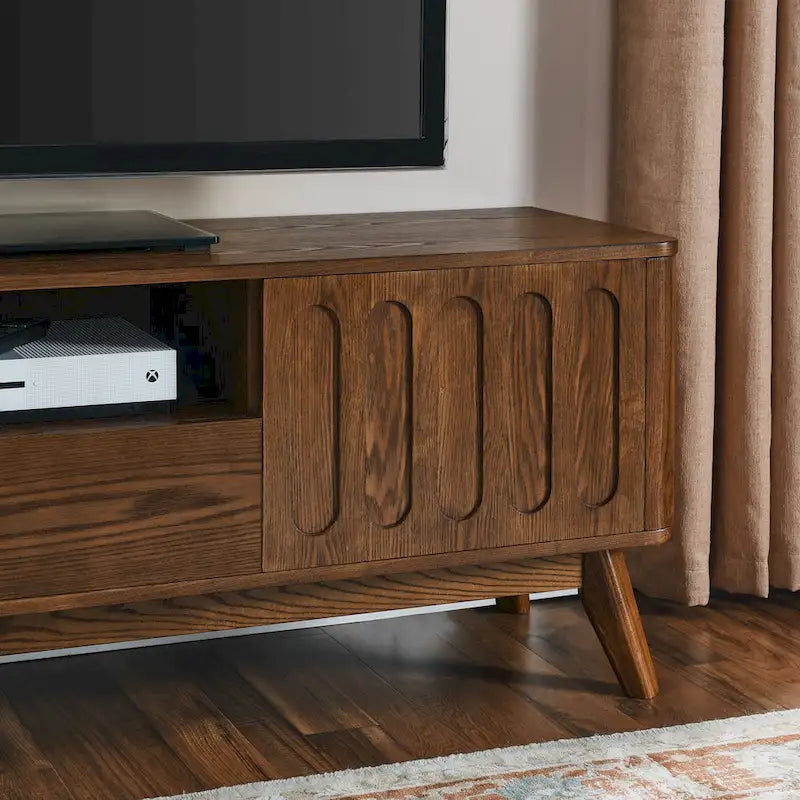 Meuble TV cannelé pour téléviseur de 65 pouces, Centre de divertissement avec rangement, Console média en bois, Table d'appoint, 2 portes, 1 tiroir, Pieds en bois