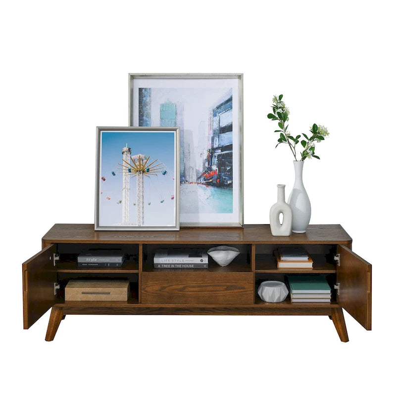 Meuble TV cannelé pour téléviseur de 65 pouces, Centre de divertissement avec rangement, Console média en bois, Table d'appoint, 2 portes, 1 tiroir, Pieds en bois