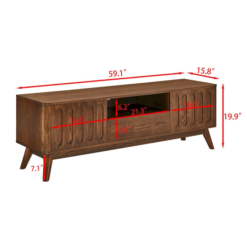 Meuble TV cannelé pour téléviseur de 65 pouces, Centre de divertissement avec rangement, Console média en bois, Table d'appoint, 2 portes, 1 tiroir, Pieds en bois