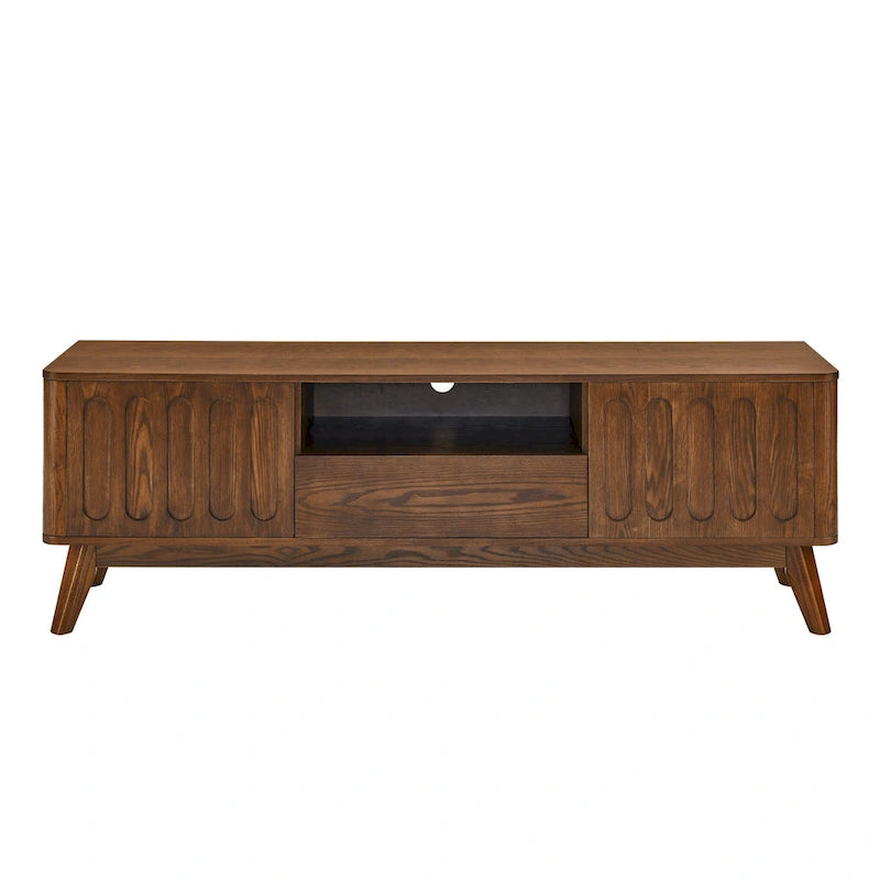 Meuble TV cannelé pour téléviseur de 65 pouces, Centre de divertissement avec rangement, Console média en bois, Table d'appoint, 2 portes, 1 tiroir, Pieds en bois
