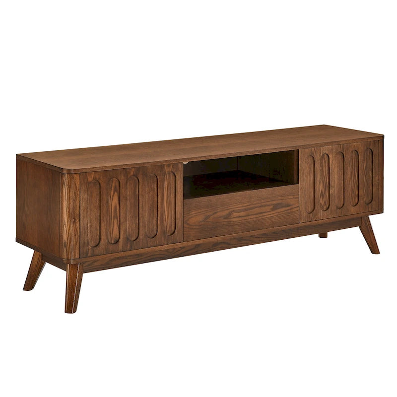 Meuble TV cannelé pour téléviseur de 65 pouces, Centre de divertissement avec rangement, Console média en bois, Table d'appoint, 2 portes, 1 tiroir, Pieds en bois