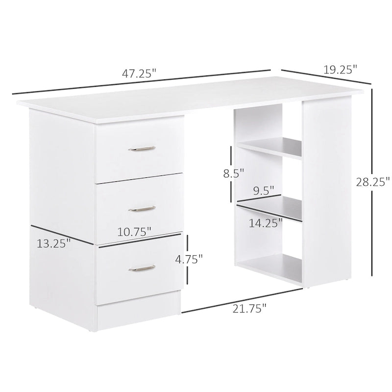 Bureau informatique moderne avec tiroirs et étagères de rangement réversibles pour bureau à domicile, dortoir ou appartement