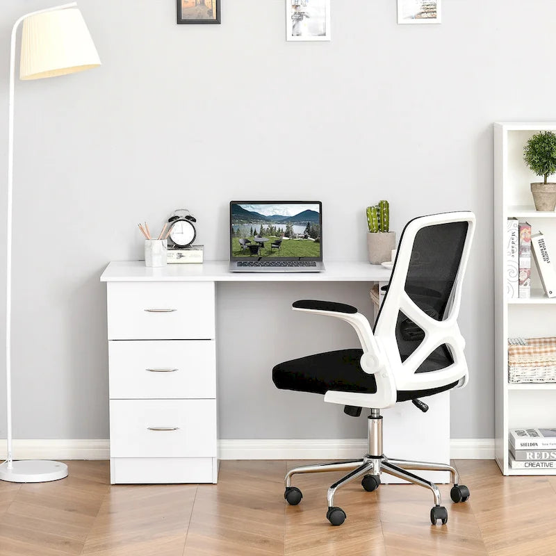 Bureau informatique moderne avec tiroirs et étagères de rangement réversibles pour bureau à domicile, dortoir ou appartement