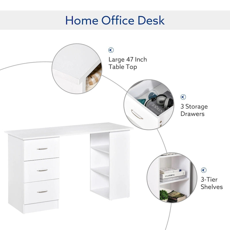 Bureau informatique moderne avec tiroirs et étagères de rangement réversibles pour bureau à domicile, dortoir ou appartement