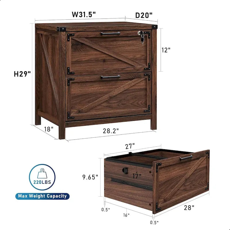 Meuble de classement 2 tiroirs style Ferme, Meuble de classement latéral avec serrure