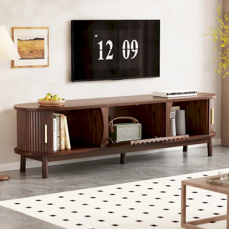 Meuble TV moderne marron foncé pour téléviseurs 75 pouces, console TV en bois massif avec armoire de rangement, centre de divertissement