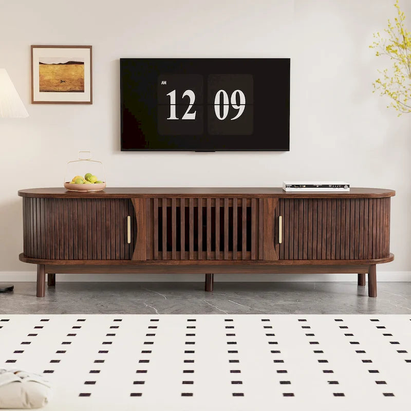 Meuble TV moderne marron foncé pour téléviseurs 75 pouces, console TV en bois massif avec armoire de rangement, centre de divertissement