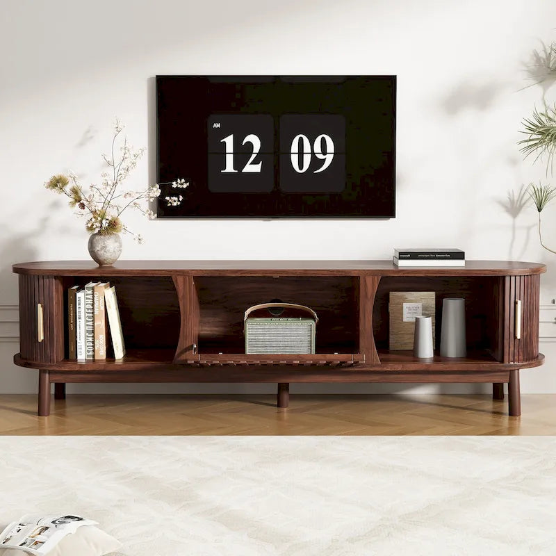 Meuble TV moderne marron foncé pour téléviseurs 75 pouces, console TV en bois massif avec armoire de rangement, centre de divertissement
