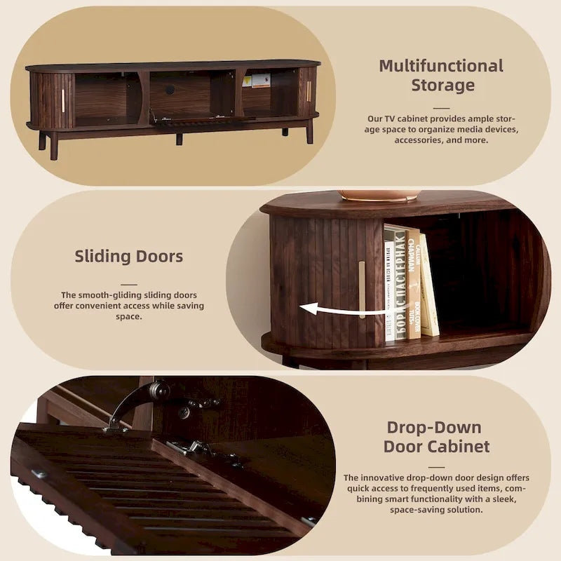 Meuble TV moderne marron foncé pour téléviseurs 75 pouces, console TV en bois massif avec armoire de rangement, centre de divertissement