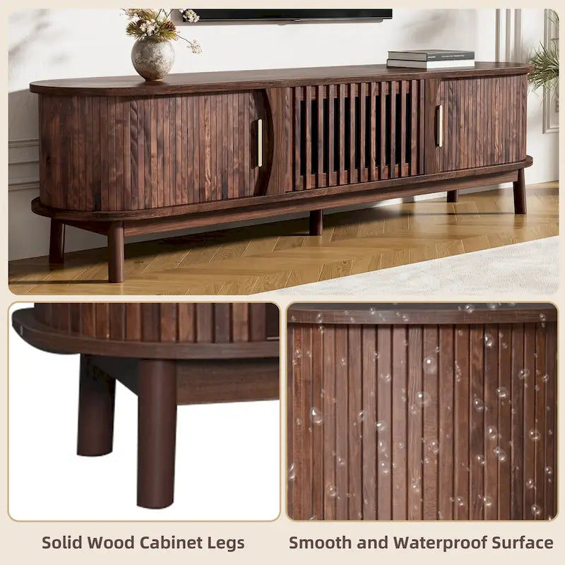 Meuble TV moderne marron foncé pour téléviseurs 75 pouces, console TV en bois massif avec armoire de rangement, centre de divertissement