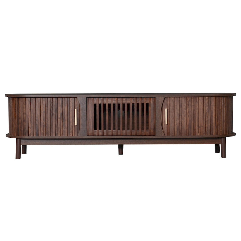 Meuble TV moderne marron foncé pour téléviseurs 75 pouces, console TV en bois massif avec armoire de rangement, centre de divertissement