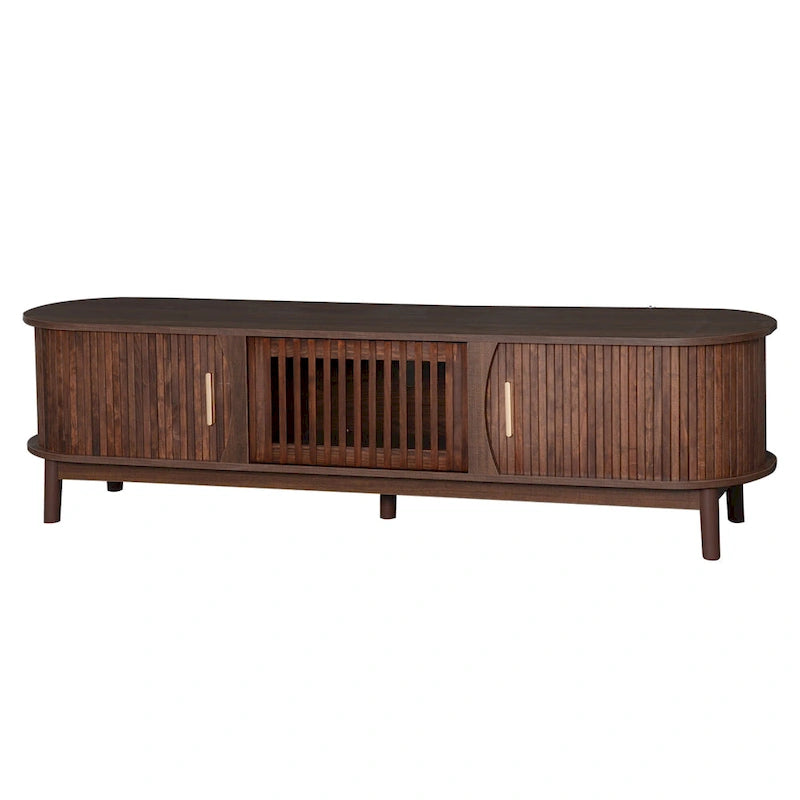 Meuble TV moderne marron foncé pour téléviseurs 75 pouces, console TV en bois massif avec armoire de rangement, centre de divertissement