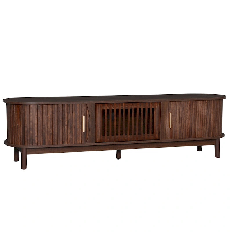 Meuble TV moderne marron foncé pour téléviseurs 75 pouces, console TV en bois massif avec armoire de rangement, centre de divertissement