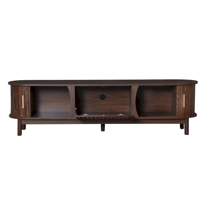 Meuble TV moderne marron foncé pour téléviseurs 75 pouces, console TV en bois massif avec armoire de rangement, centre de divertissement