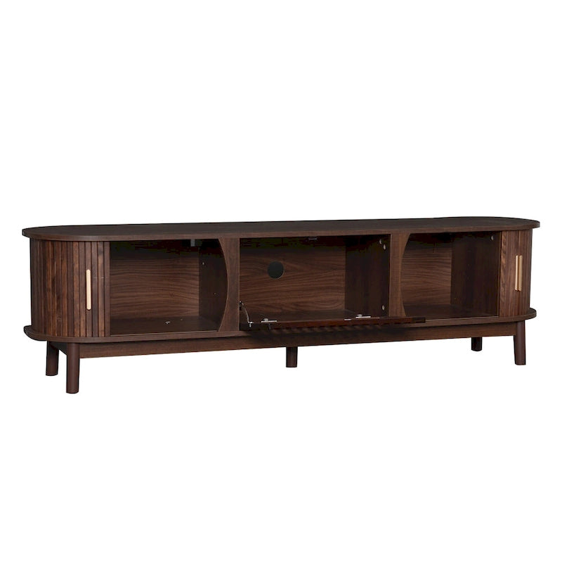 Meuble TV moderne marron foncé pour téléviseurs 75 pouces, console TV en bois massif avec armoire de rangement, centre de divertissement