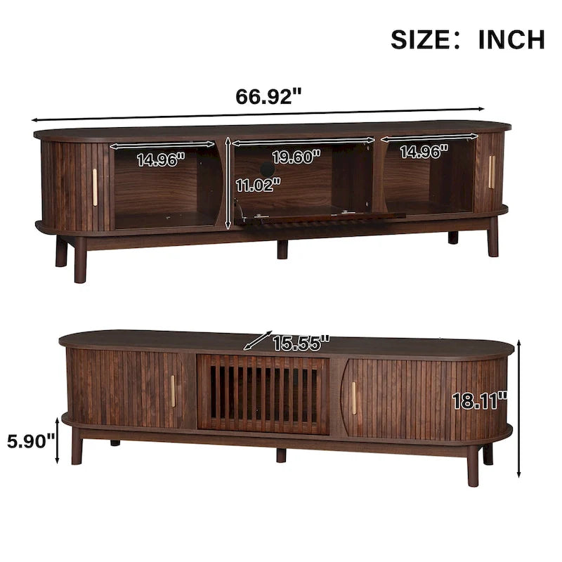 Meuble TV moderne marron foncé pour téléviseurs 75 pouces, console TV en bois massif avec armoire de rangement, centre de divertissement