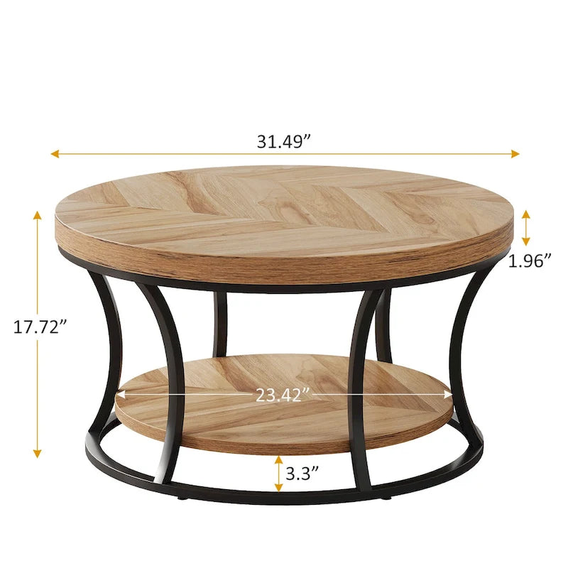 Table basse ronde, table de salon à 2 niveaux avec étagères ouvertes de rangement