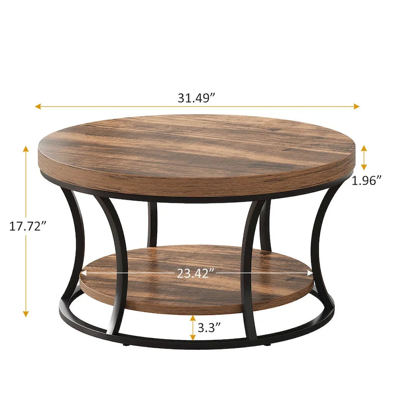 Table basse ronde, table de salon à 2 niveaux avec étagères ouvertes de rangement