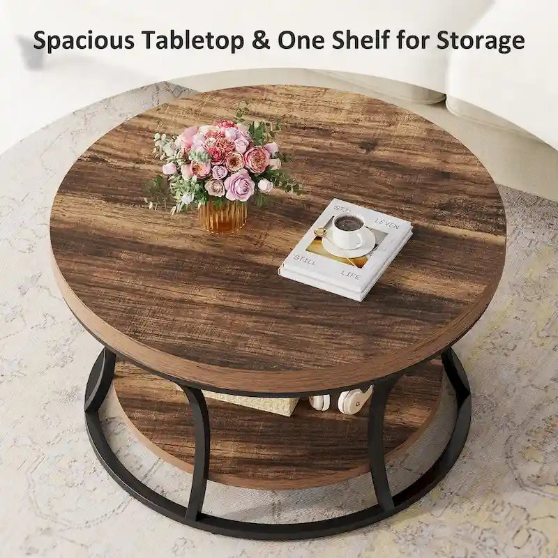 Table basse ronde, table de salon à 2 niveaux avec étagères ouvertes de rangement