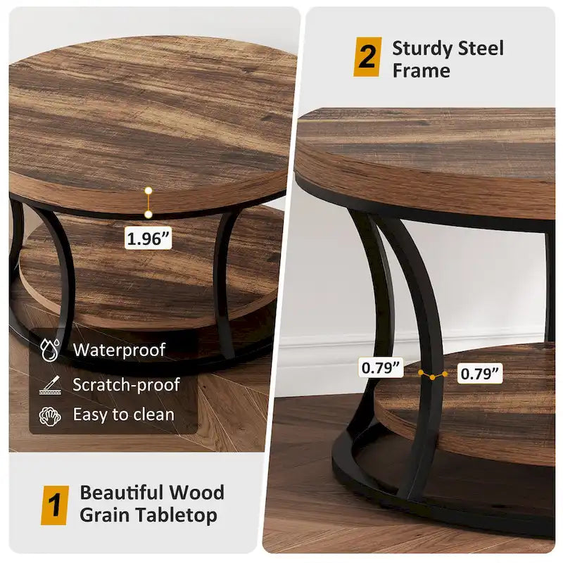 Table basse ronde, table de salon à 2 niveaux avec étagères ouvertes de rangement