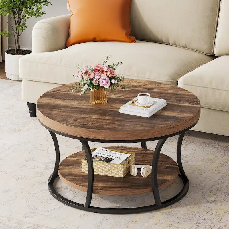 Table basse ronde, table de salon à 2 niveaux avec étagères ouvertes de rangement