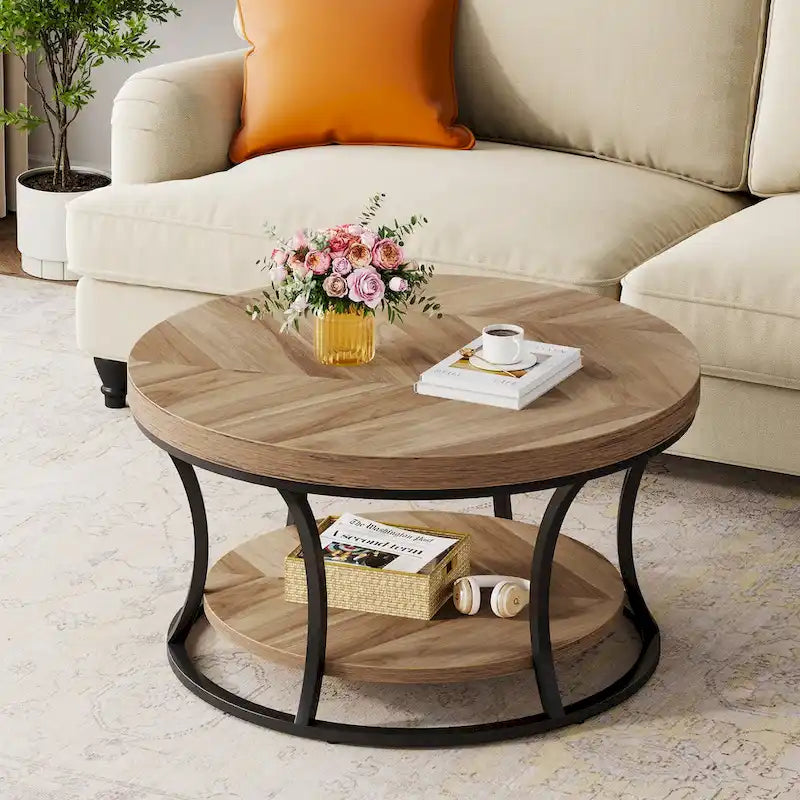 Table basse ronde, table de salon à 2 niveaux avec étagères ouvertes de rangement