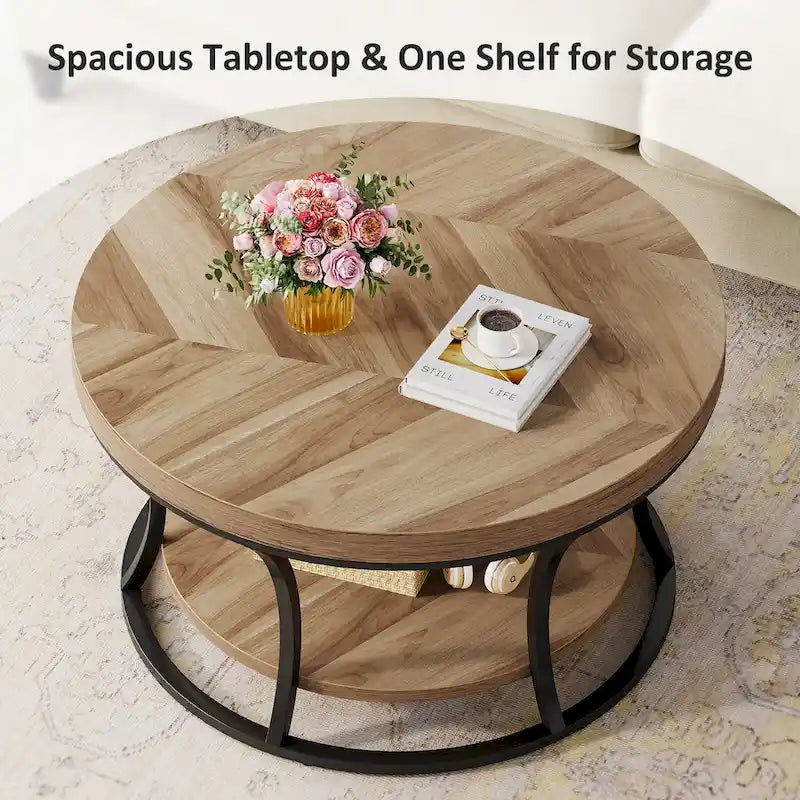 Table basse ronde, table de salon à 2 niveaux avec étagères ouvertes de rangement