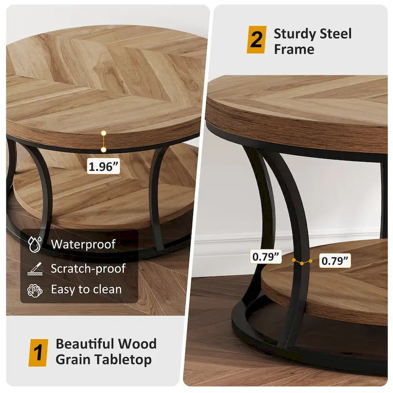 Table basse ronde, table de salon à 2 niveaux avec étagères ouvertes de rangement