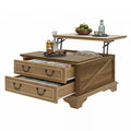 Table basse relevable de style ferme, carrée, en bois, avec rangement et 2 tiroirs
