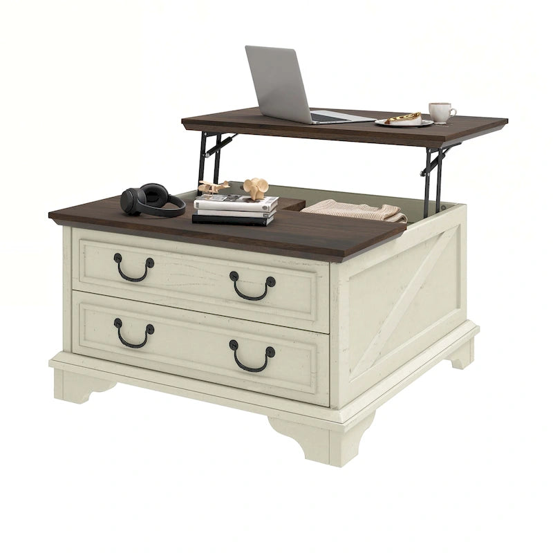 Table basse relevable de style ferme, carrée, en bois, avec rangement et 2 tiroirs