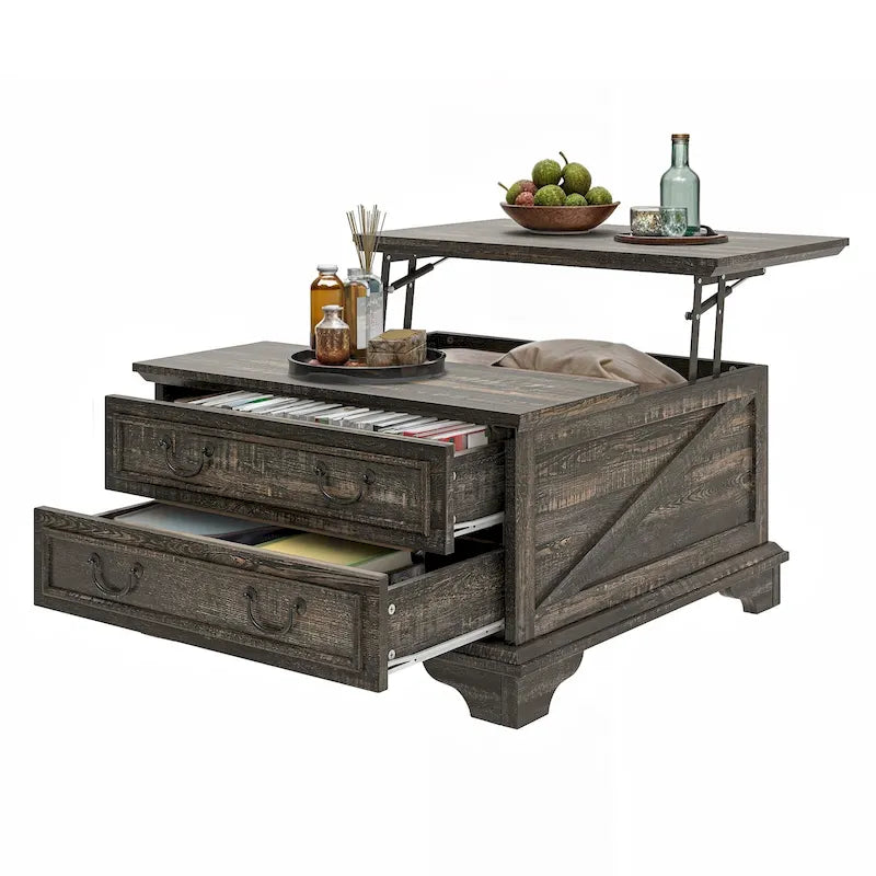 Table basse relevable de style ferme, carrée, en bois, avec rangement et 2 tiroirs