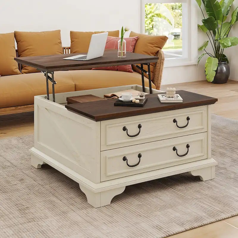 Table basse relevable de style ferme, carrée, en bois, avec rangement et 2 tiroirs