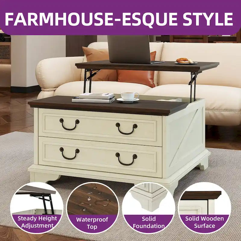 Table basse relevable de style ferme, carrée, en bois, avec rangement et 2 tiroirs