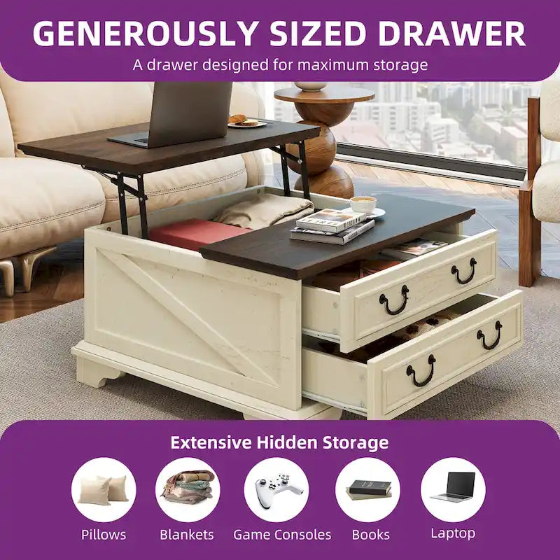 Table basse relevable de style ferme, carrée, en bois, avec rangement et 2 tiroirs