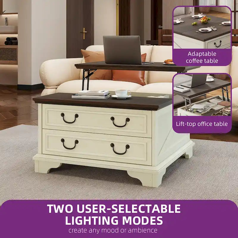 Table basse relevable de style ferme, carrée, en bois, avec rangement et 2 tiroirs