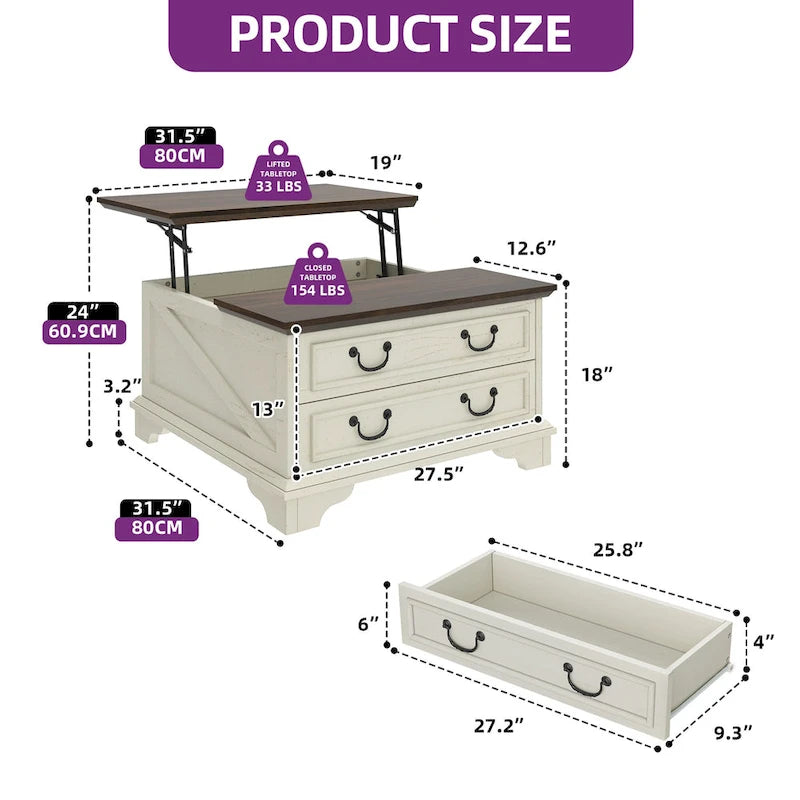 Table basse relevable de style ferme, carrée, en bois, avec rangement et 2 tiroirs