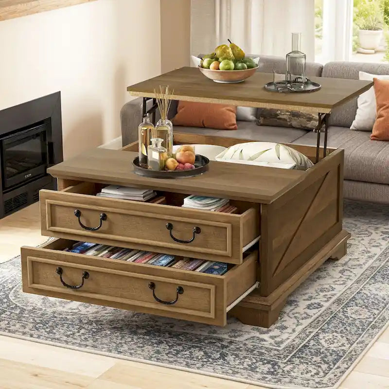 Table basse relevable de style ferme, carrée, en bois, avec rangement et 2 tiroirs