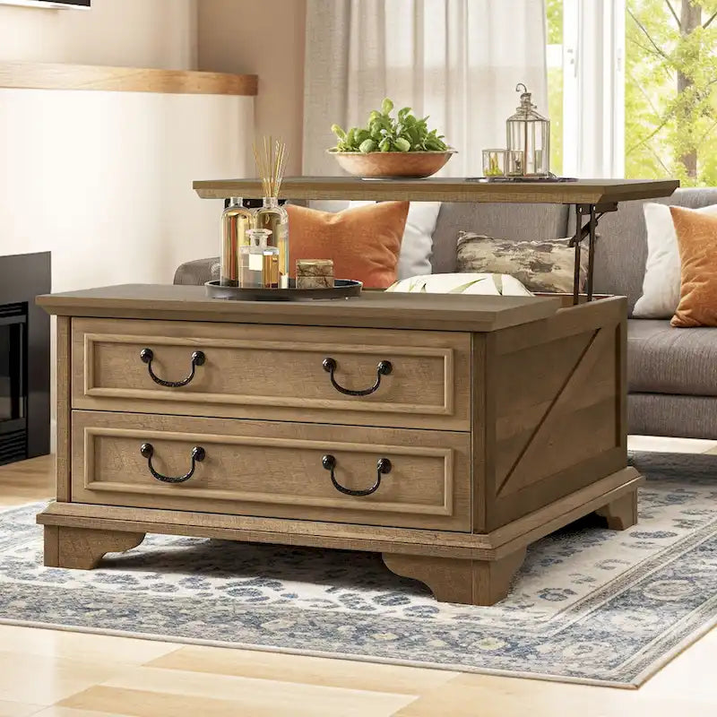 Table basse relevable de style ferme, carrée, en bois, avec rangement et 2 tiroirs