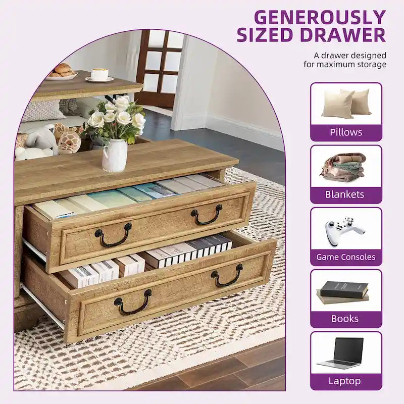 Table basse relevable de style ferme, carrée, en bois, avec rangement et 2 tiroirs